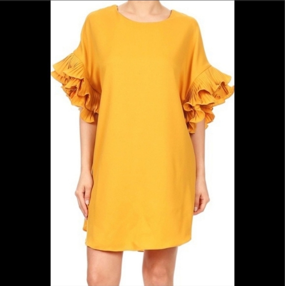 Ontwelfth | Golden Yellow Pleated Ruffle Sleeve Shift Dress - Picture 3 of 7